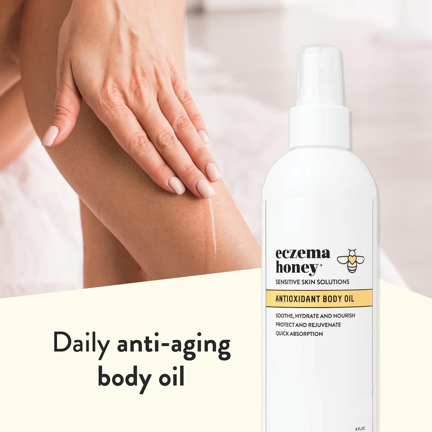 ECZEMA HONEY Aceite corporal antioxidante – Spray de aceite corporal para después de la ducha para la piel – Aceite hidratante sensible y propenso al eczema – Aceites corporales sin perfume para mujeres, hombres y niños (8 onzas líquidas)