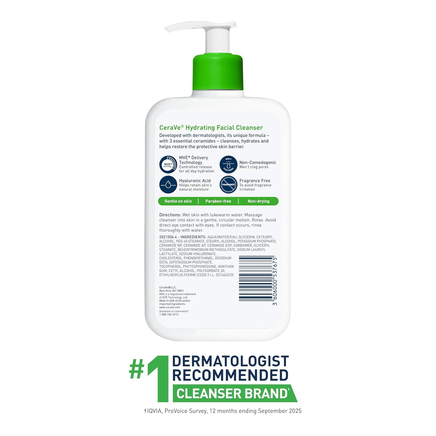 CeraVe Limpiador facial hidratante, lavado facial hidratante para piel seca, ácido hialurónico + ceramidas + glicerina, limpiador hidratante para piel normal a seca, certificado por la Asociación