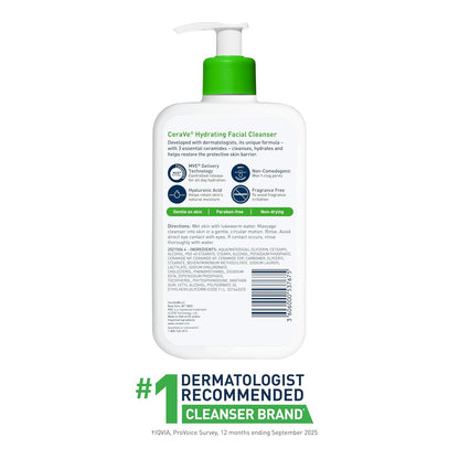 CeraVe Limpiador facial hidratante, lavado facial hidratante para piel seca, ácido hialurónico + ceramidas + glicerina, limpiador hidratante para piel normal a seca, certificado por la Asociación