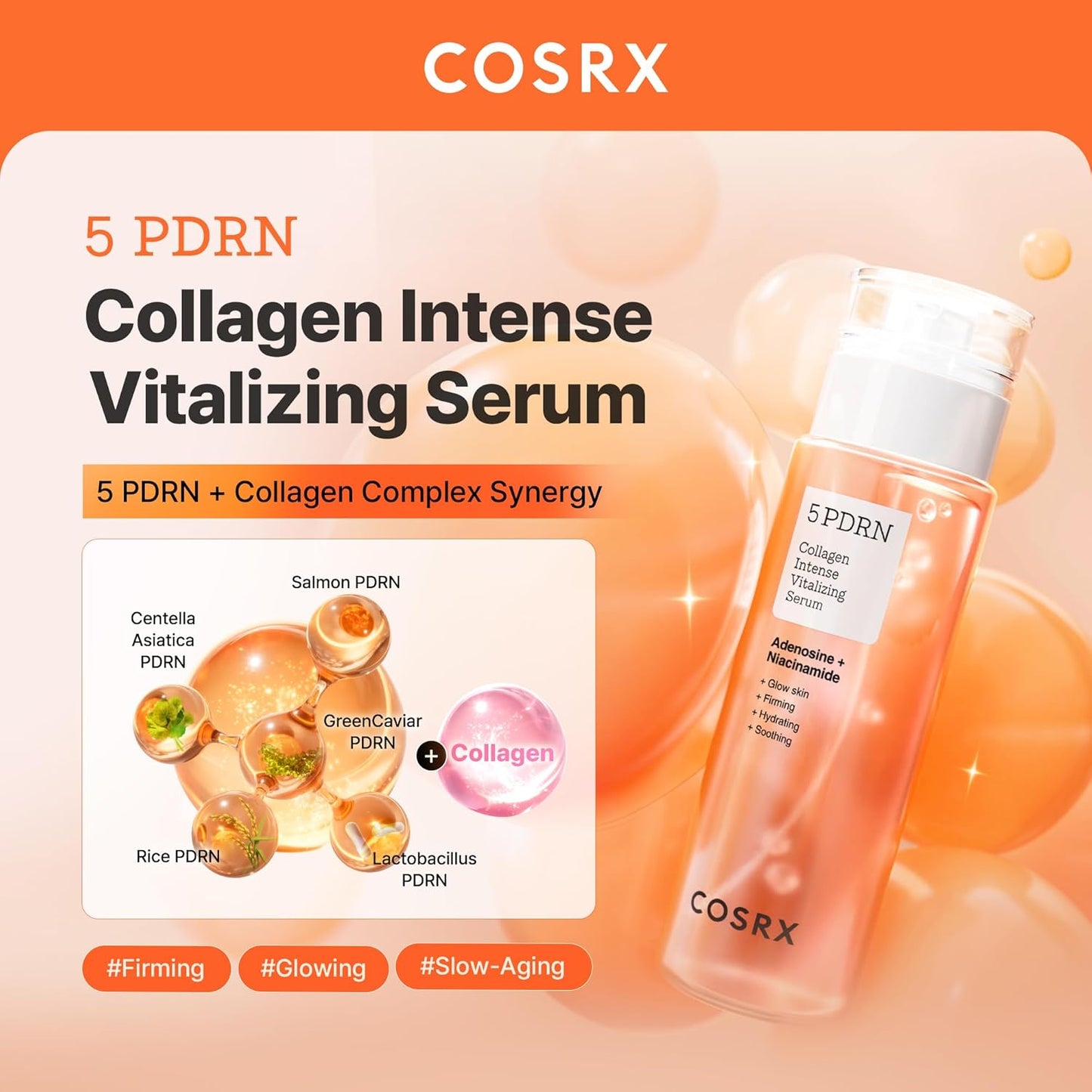 COSRX 5 PDRN Collagen Intense Vitalizing Serum - Suero coreano para reafirmar y dar brillo a la piel con ADN de salmón, centella, lactobacilo PDRN y colágeno, cuidado de la piel coreana, artículos