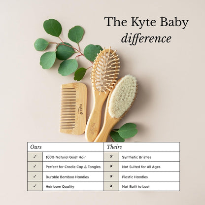 Kyte BABY Juego de cepillos de bambú de 3 piezas, 1 cepillo de pelo de cabra, 1 cepillo de cerdas de madera y 1 peine de bambú