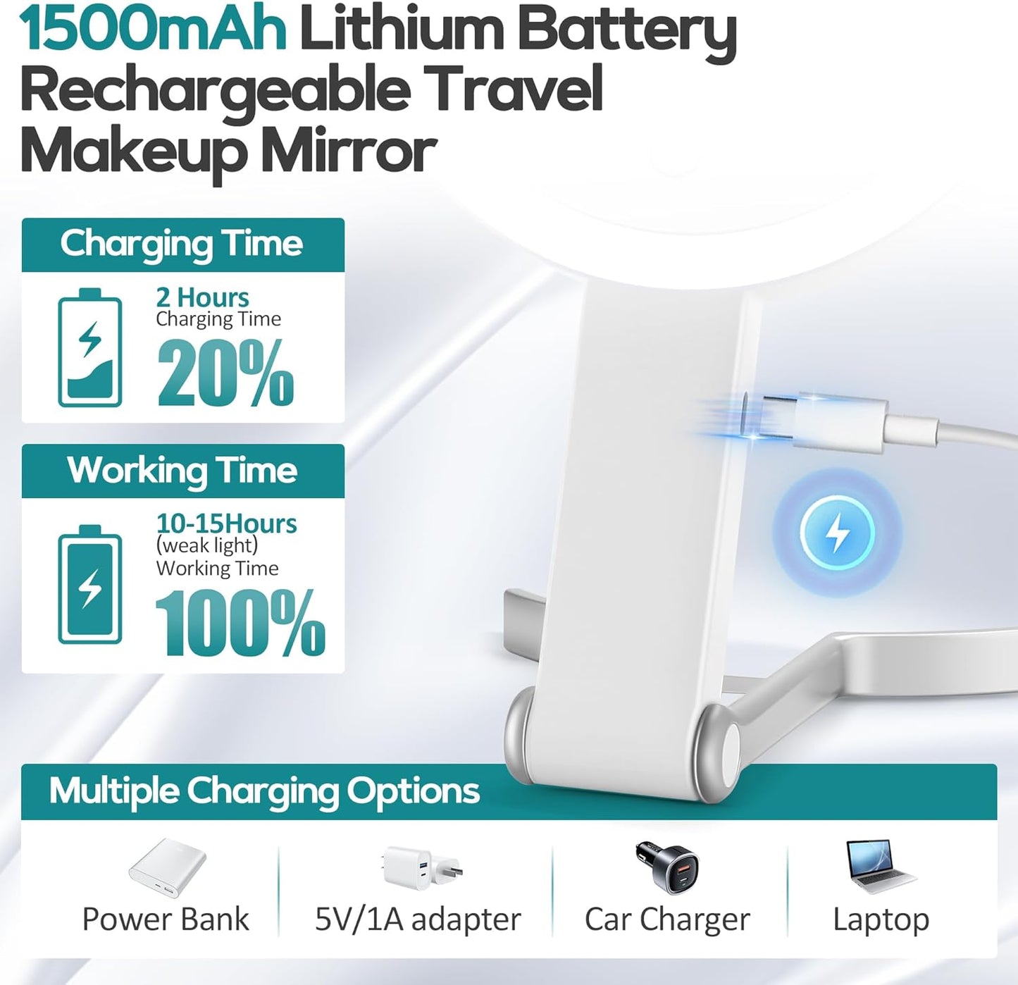 B Beauty Planet Espejo de viaje con aumento 30x\/1x con luz, recarg...