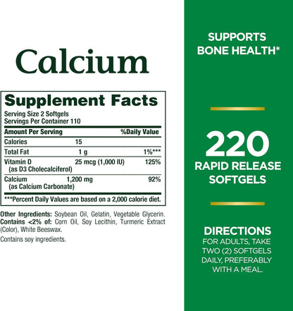 Nature's Bounty Calcio 1200 mg con vitamina D3, salud ósea y ap...