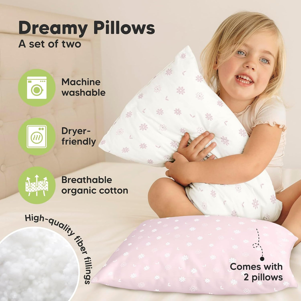 KeaBabies Paquete de 2 Almohadas para niños pequeños de 13 x 18 pul...
