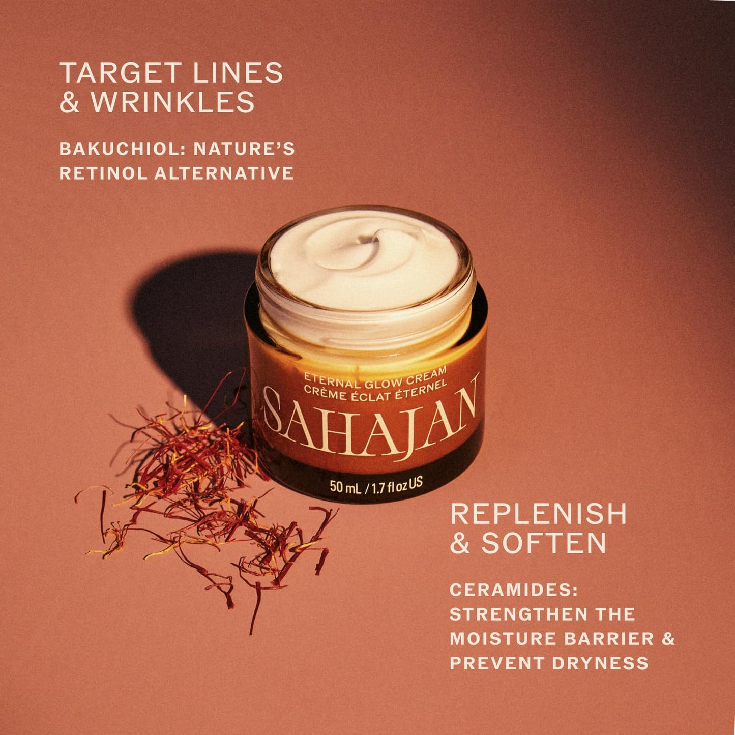Sahajan Crema Eternal Glow con vitamina C, bakuchiol, ceramidas + azafrán | Hidratante ayurvédico ligero clínicamente probado | Barrera de humedad, líneas finas y arrugas | 1.7 onzas