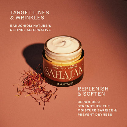 Sahajan Crema Eternal Glow con vitamina C, bakuchiol, ceramidas + azafrán | Hidratante ayurvédico ligero clínicamente probado | Barrera de humedad, líneas finas y arrugas | 1.7 onzas