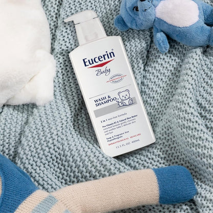 Eucerin Baby, Champú y gel de baño sin perfume para bebés, hipoalergénico, sin lágrimas, con Pro-Vitamina B5 y manteca de karité, botella de 13.5 Fl Oz, paquete de 3