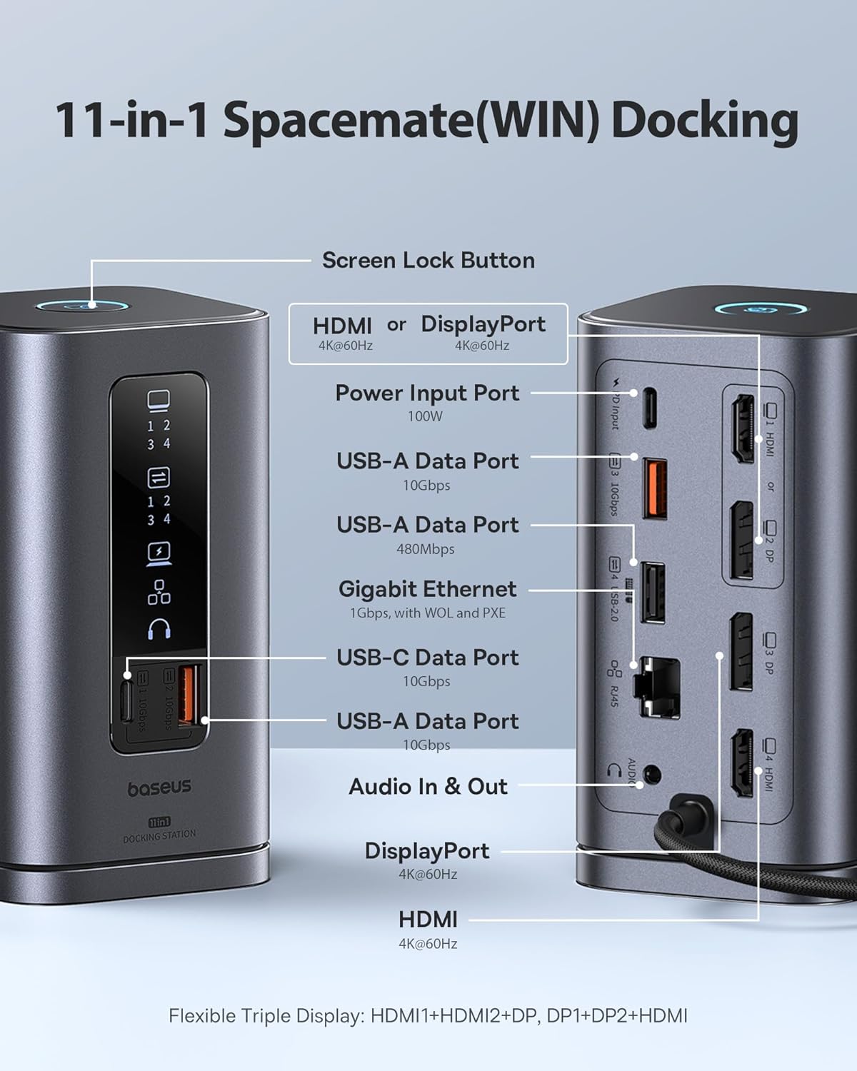 Baseus Estación de acoplamiento, Spacemate(Win) 11 en 1, pantalla triple, HDMI y DP 4K, puertos USB A/C de 10 Gbps, Gigabit Ethernet, 100 W PD, audio, estación de acoplamiento para laptop para Windows