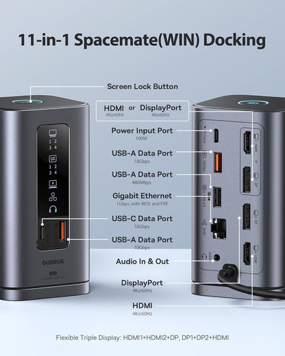 Baseus Estación de acoplamiento, Spacemate(Win) 11 en 1, pantalla triple, HDMI y DP 4K, puertos USB A/C de 10 Gbps, Gigabit Ethernet, 100 W PD, audio, estación de acoplamiento para laptop para Windows