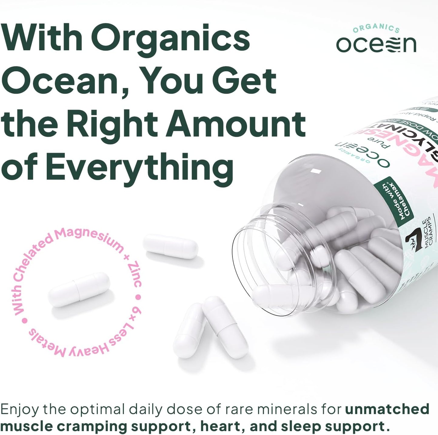 Organics Ocean Glicinato de magnesio puro con zinc, suplemento de m...