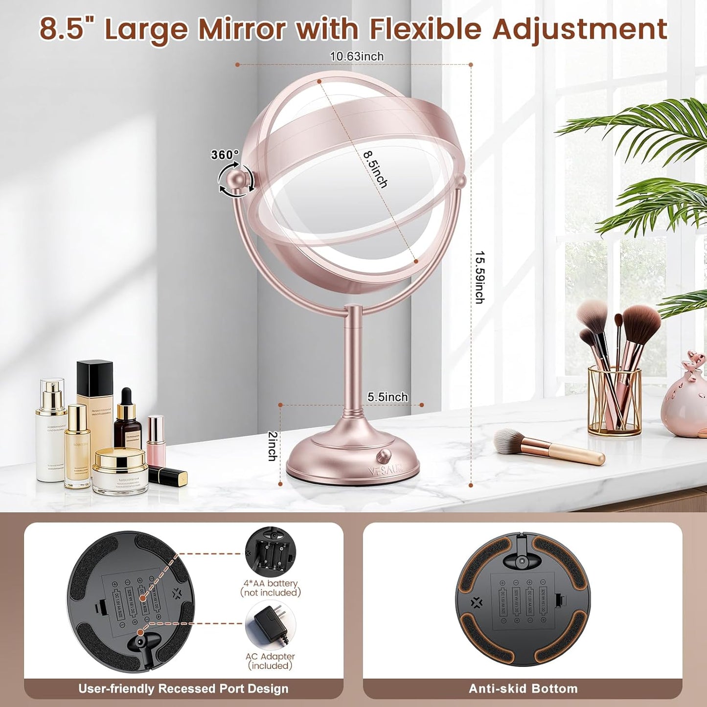 VESAUR Espejo de Maquillaje Iluminado de Níquel Oro Rosa, Espejo de...