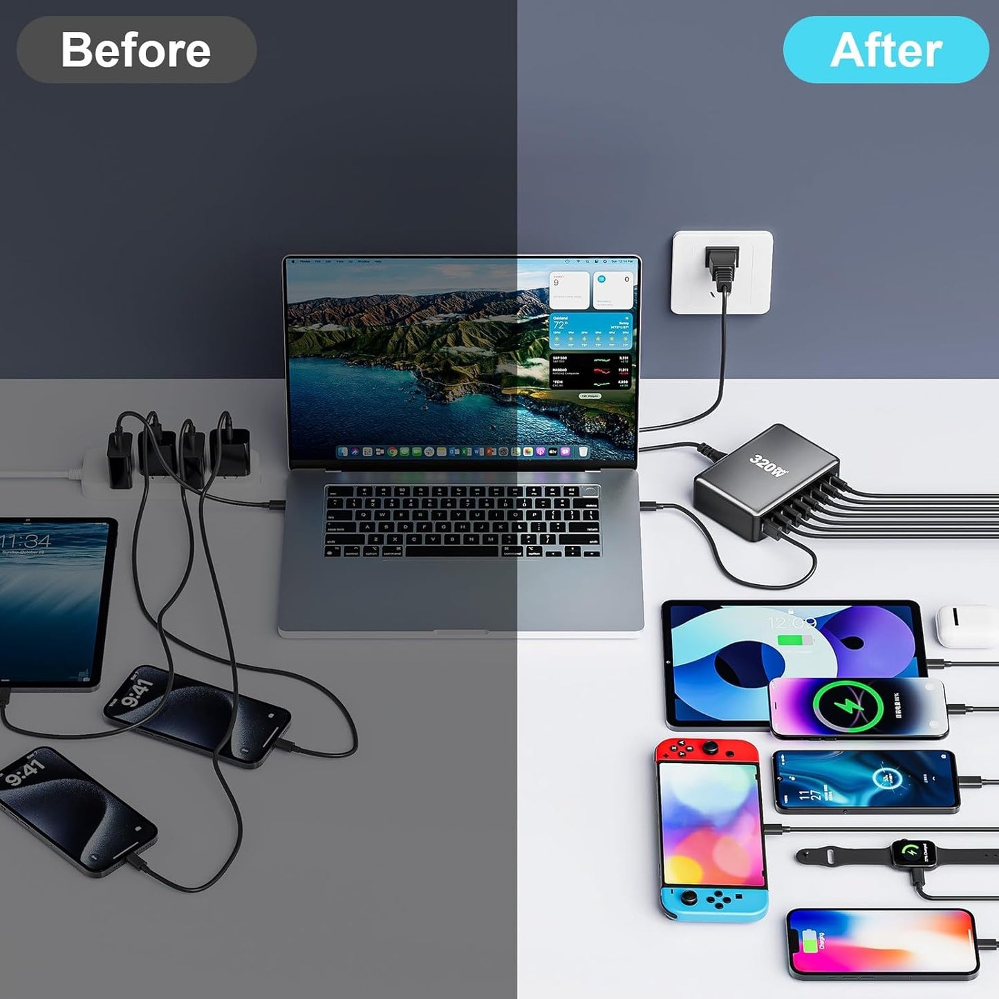 320W USB C Cargador Rápido de Bloque, Estación de Carga USB de 8 Pu...