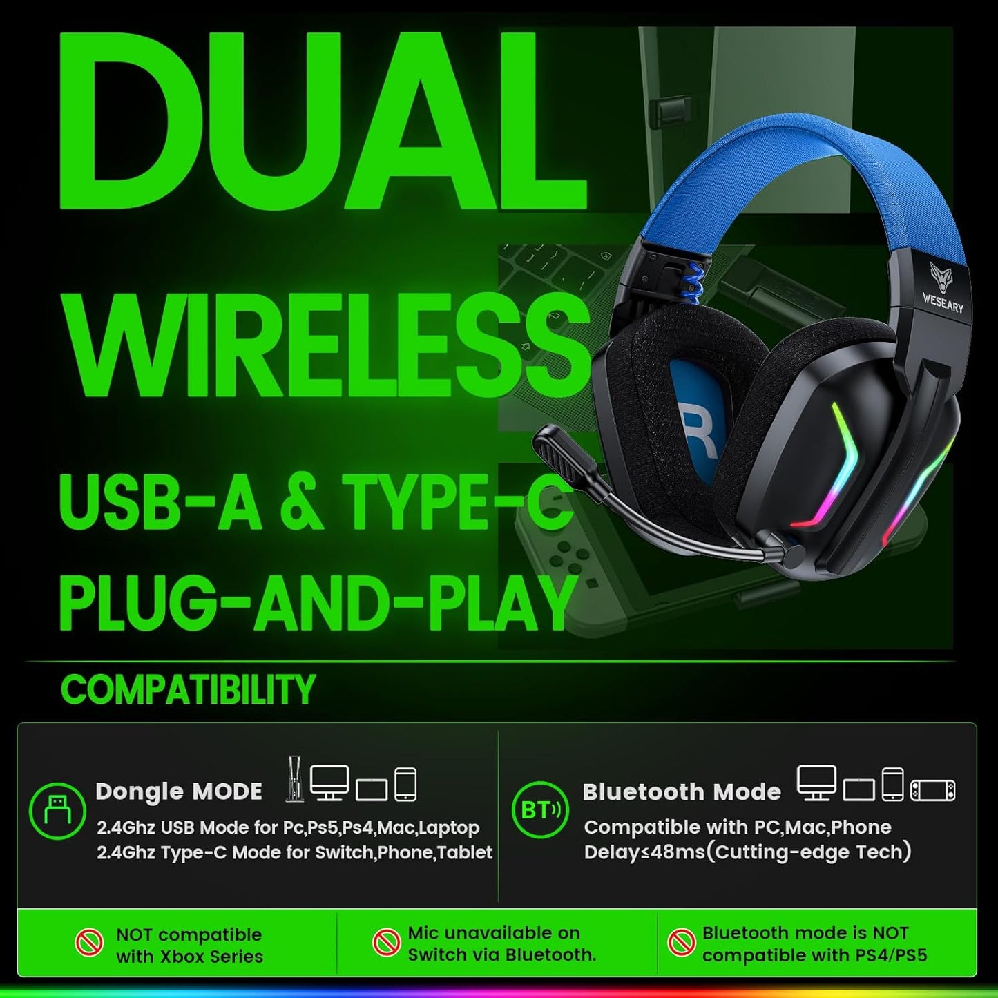 WESEARY Auriculares inalámbricos para juegos para PS5, PS4, PC, lap...