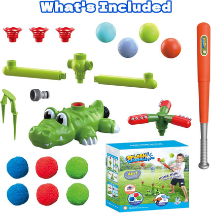 Juego de aspersores de agua 4 en 1 para niños y juguete de bola de agua, rociador de béisbol de cocodrilo para patio trasero, juguetes de verano al aire libre para niños y niñas, juguetes de