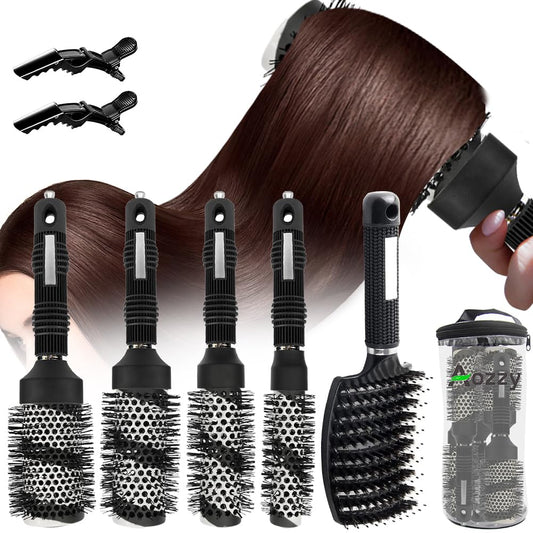 Cepillo redondo para secado con cerdas de jabalí, juego de cepillos térmicos de cerámica y tecnología iónica L+Samll redondo para niñas/mujeres, peluquería y peinado, ideal para rizar cabello corto y largo