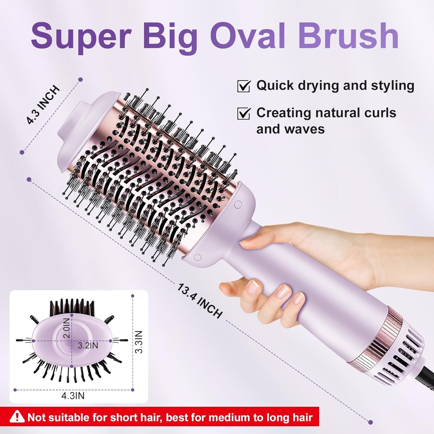 JIGGL Cepillo Alisador Secador de Barril Extra Grande Ovalado: Cepillo Secador de Aire Caliente de Un Paso para Cabello Medio y Largo de Mujeres, Alisado/Suavizado/Secado/Voluminización, Morado