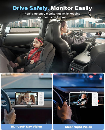A2C Cámara de coche para bebé, monitor de bebé HD 1080P de 5 pulgad...