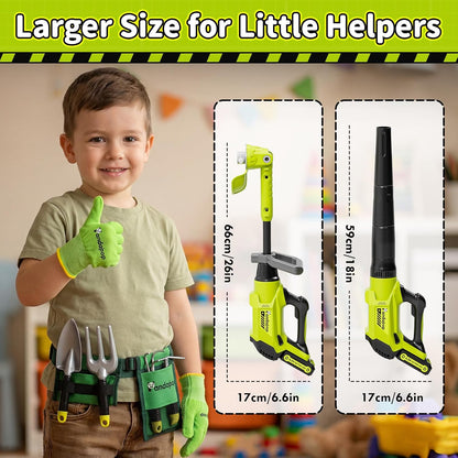 Pandapop Juego de herramientas de jardinería para niños, soplador de hojas 2 en 1 para niños y cortacésped de juguete con sonidos y luces, juego de herramientas para niños con cinturón y guantes