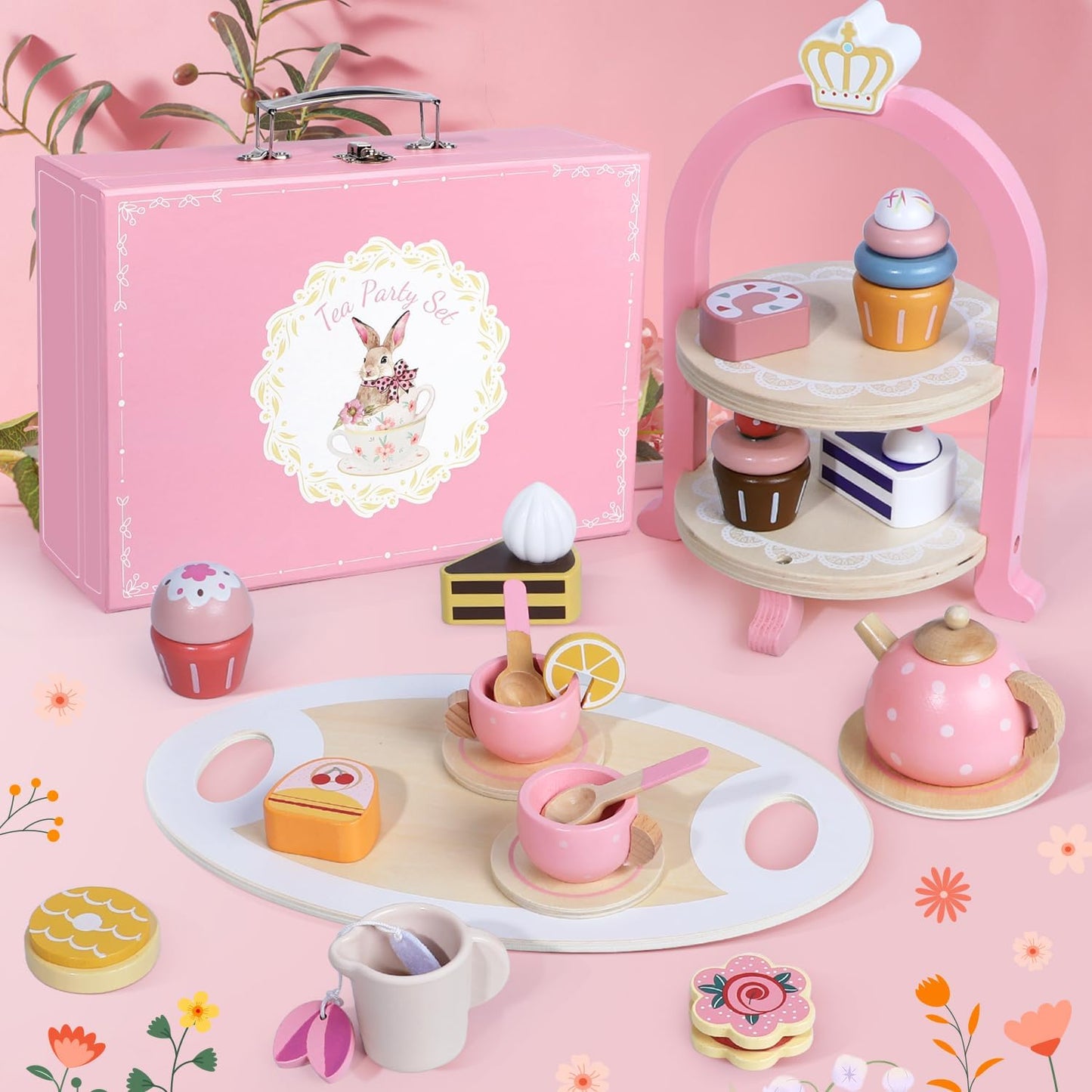 Juego de té de madera para niñas pequeñas, regalos para niñas peque...