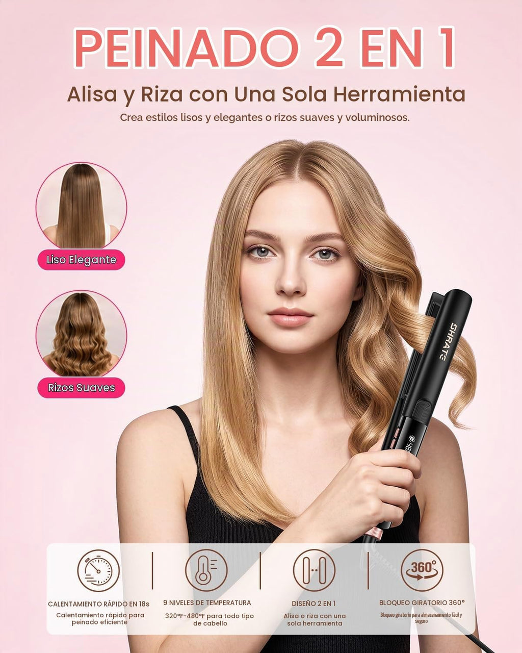 SHRATE Plancha plana para alisar el cabello, plancha y rizador 2 en...