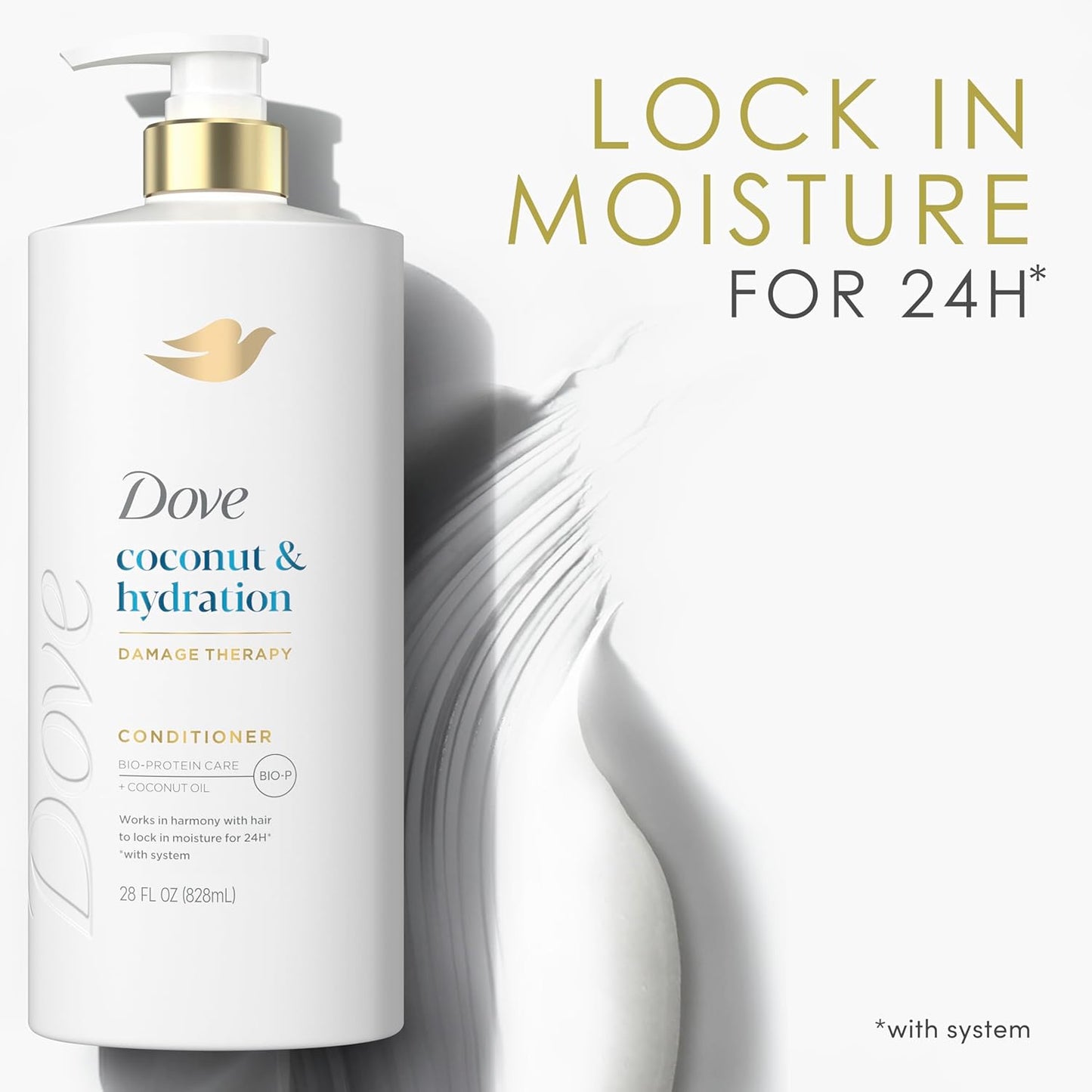 Dove Acondicionador de coco e hidratación para cabello seco con tecnología de cuidado de bio-proteínas y aceite de coco, 28 onzas líquidas