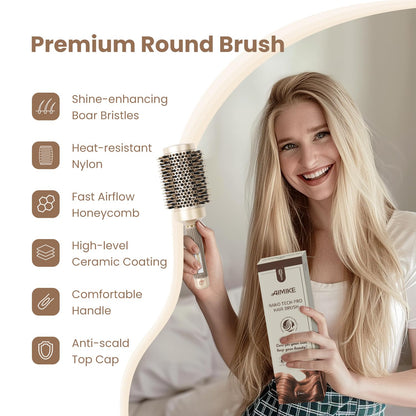 AIMIKE Juego de cepillos para el cabello, cepillo redondo de cerámica nano térmica y tecnología iónica con cerdas de jabalí para secar con soplado, mejorar la textura para peinar, rizar y brillar,