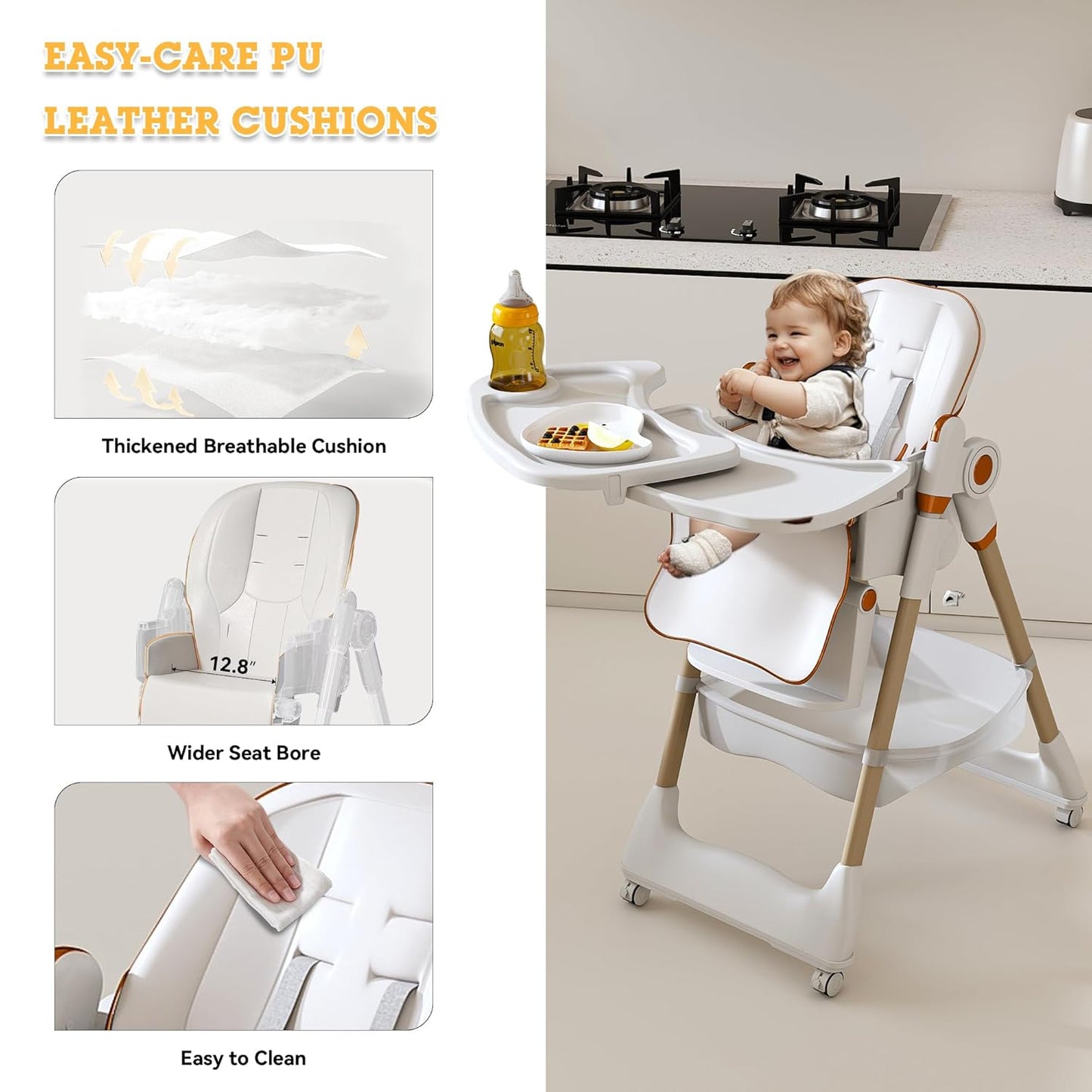 SmartEdge Silla alta para bebé 3 en 1 con ruedas, sillas altas pleg...