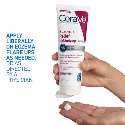 CeraVe Crema hidratante para aliviar el eccema con avena coloidal, manteca de karité y vitamina E para piel seca y alivio de picazón en la piel, sin esteroides y sin parabenos, 8 onzas