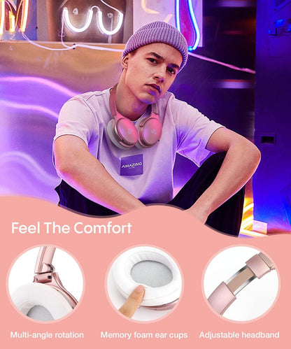 INFURTURE Auriculares rosados sobre la oreja, auriculares Bluetooth...