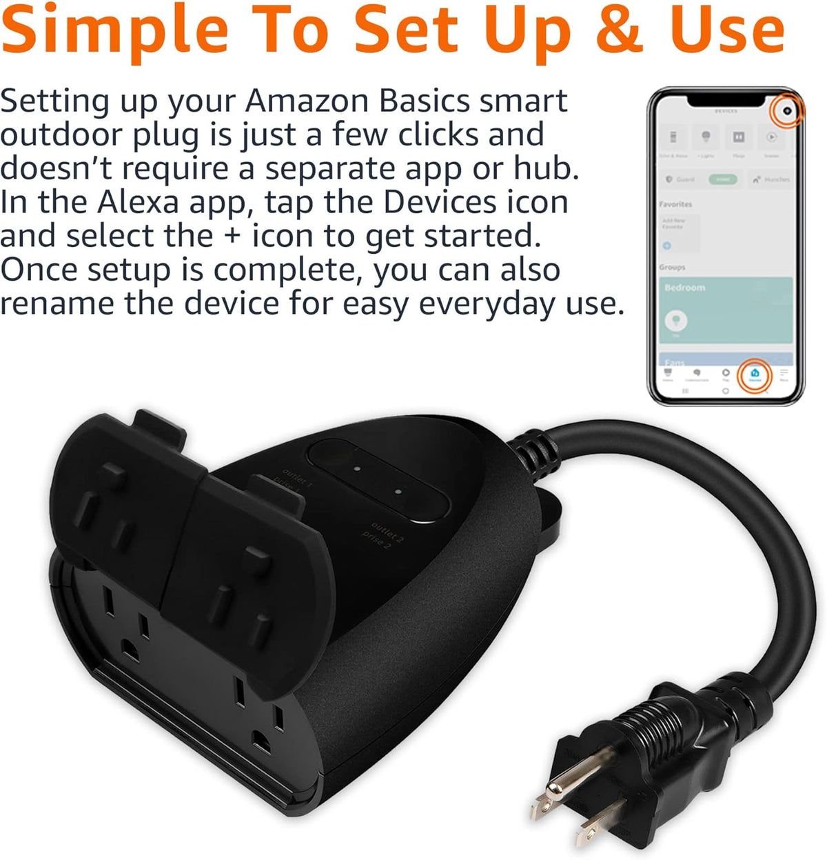 Amazon Basics Enchufe inteligente para exteriores con 2 tomas de corriente controladas individualmente, funciona solo con Alexa, Wi-Fi de 2.4 GHz, no requiere concentrador, color negro