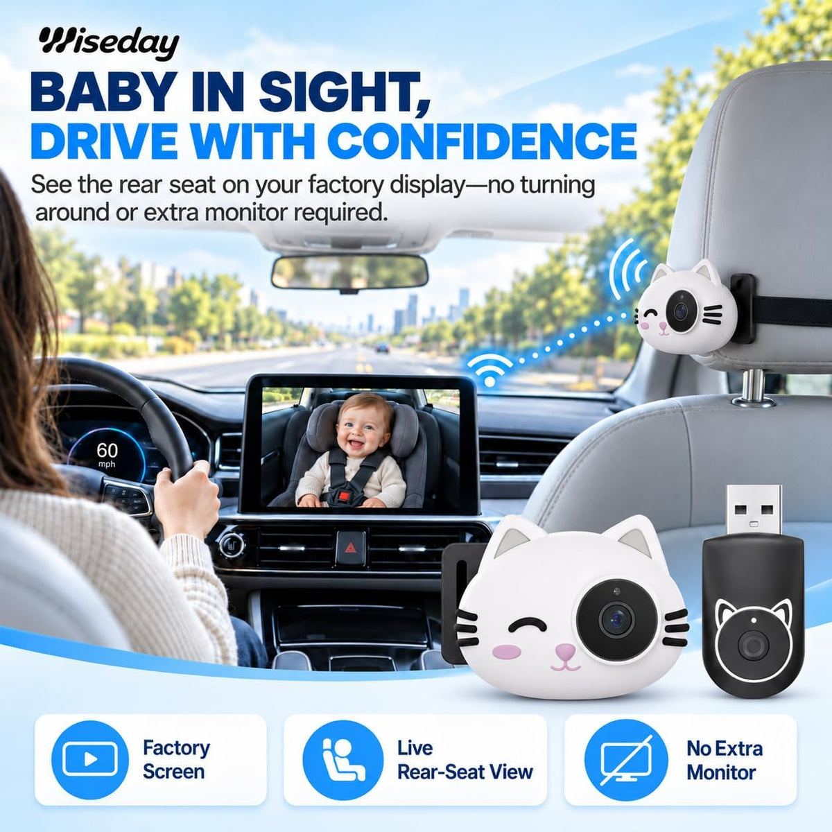 Wiseday Cámara de coche de bebé 2 en 1 y adaptador inalámbrico CarP...