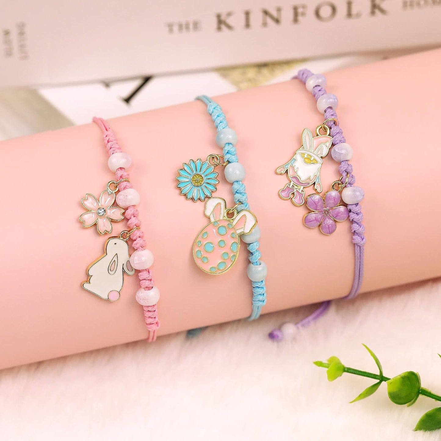 Regalos de Pascua para niños, 3 pulseras ajustables con dije de conejo con tarjeta de conejo, bonita pulsera de joyería para rellenos de cesta de Pascua para adolescentes, mujeres y niños