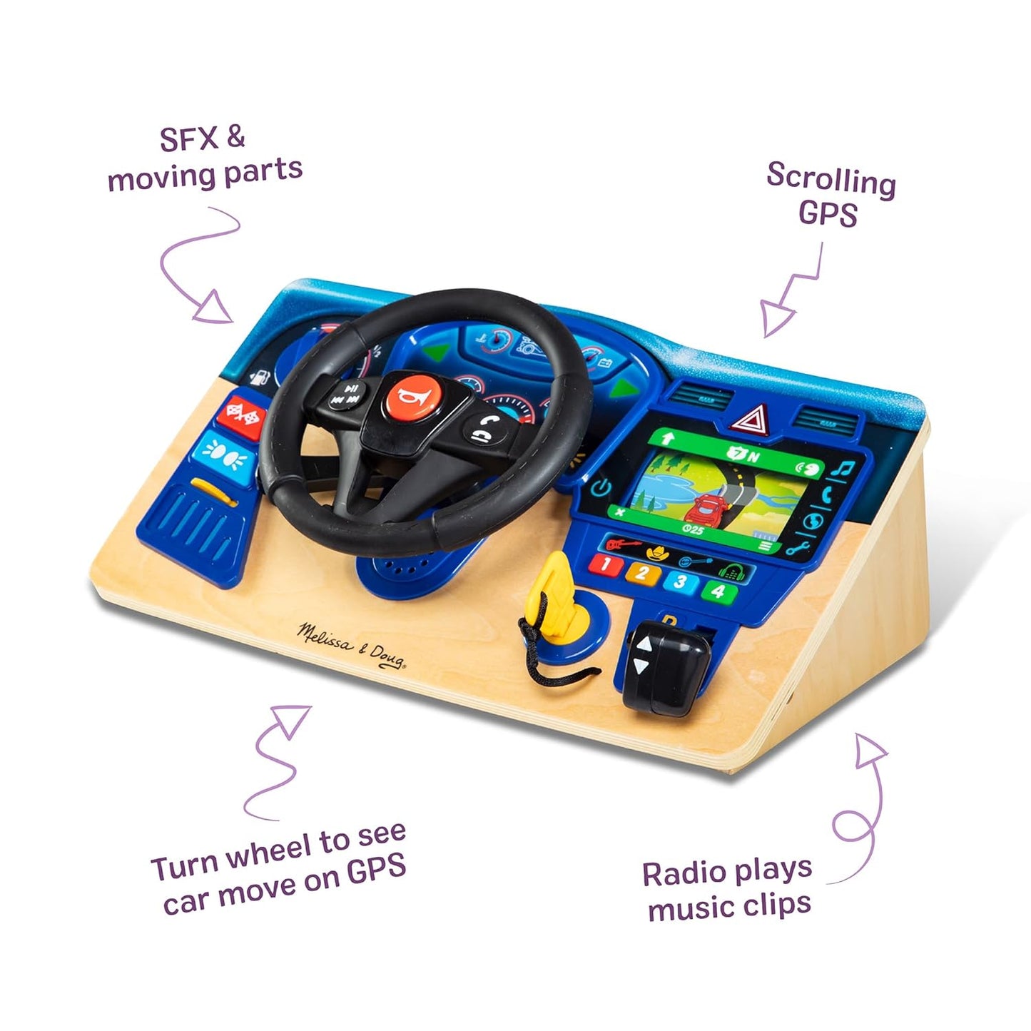 Melissa & Doug Vroom & Zoom, tablero interactivo de madera, volante de coche de carreras, luces y sonidos, juguetes de aprendizaje preescolar para niñas y niños mayores de 3 años - Certificado FSC