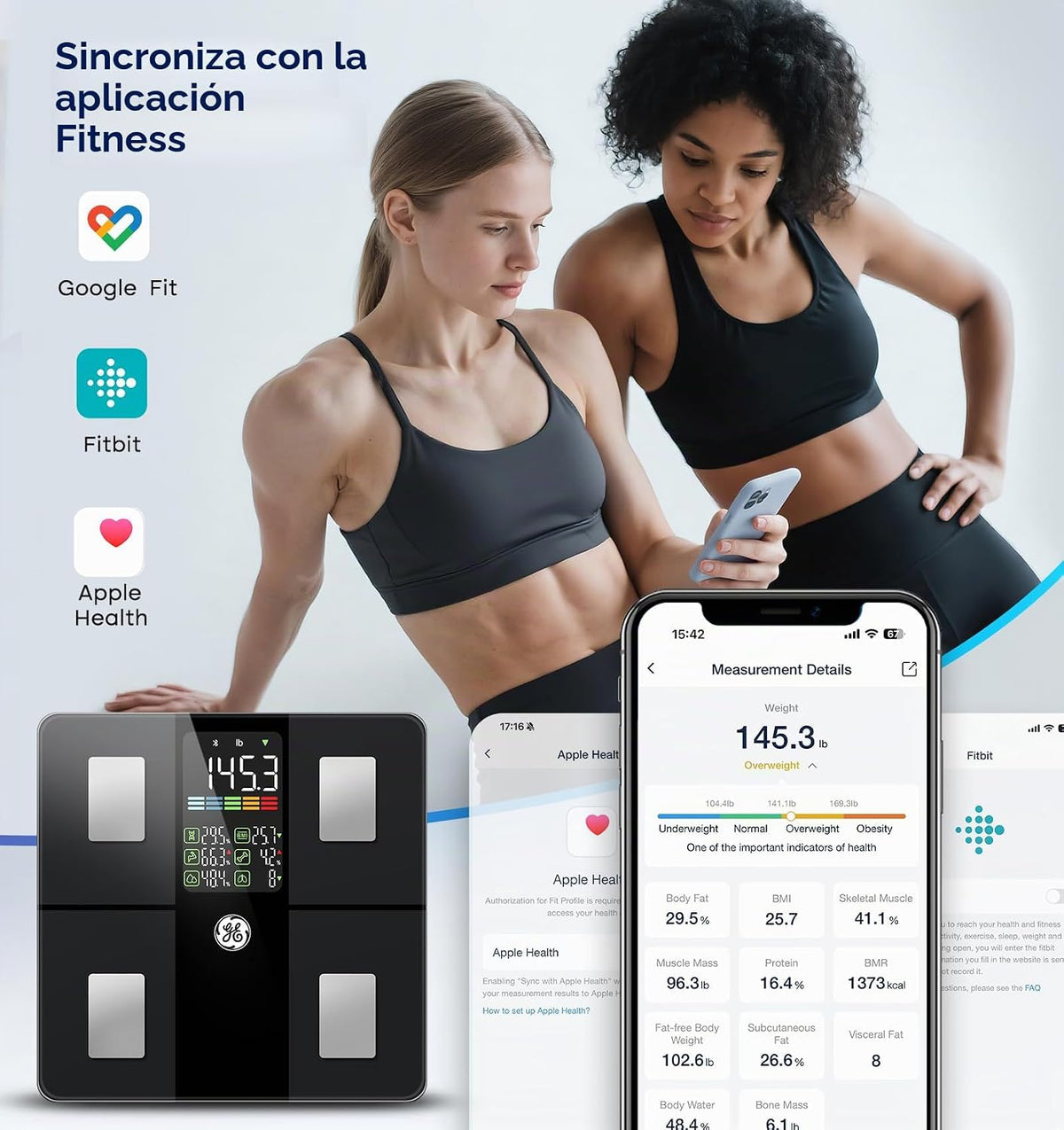 Báscula GE para peso corporal, grasa corporal, IMC, masa muscular,...