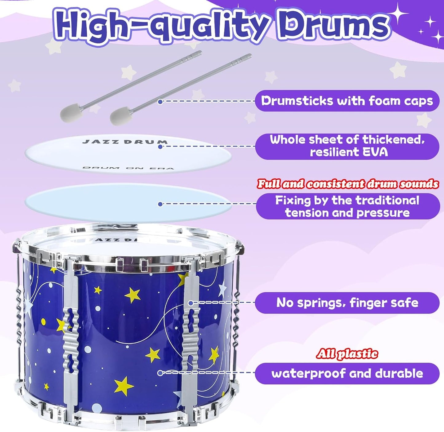 Juego de batería para niños de 1 a 3 años, batería de jazz para niños de 3 a 5 años, juguetes de instrumentos musicales con luz de estrellas para niños y niñas de 2-5, 4, 6, 5-7 (todo de plástico)