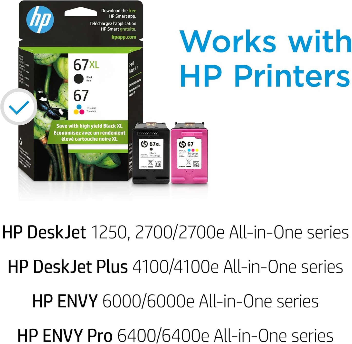 HP Cartuchos de tinta negros originales 67 tricolor / 67XL (paquete de 2) | Works DeskJet 1255, 2700, 4100 Series Envy 6000, 6400 Series | Elegible para tinta instantánea | 3YP30AN
