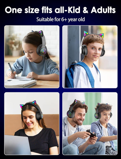 ONITOON Auriculares Bluetooth con orejas de gato para niños y adult...