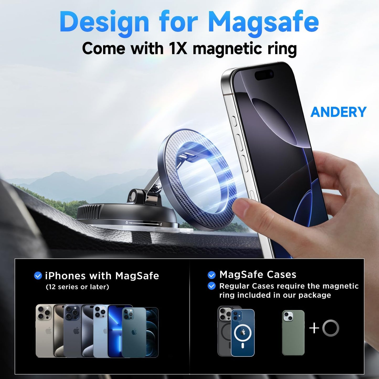 ANDERY Soporte para teléfono de coche para Magsafe [78+LBS de succión más fuerte y 2400gf magnético] Montura de teléfono de coche ajustable en 360°, soportes de teléfono para tu coche para iPhone 17