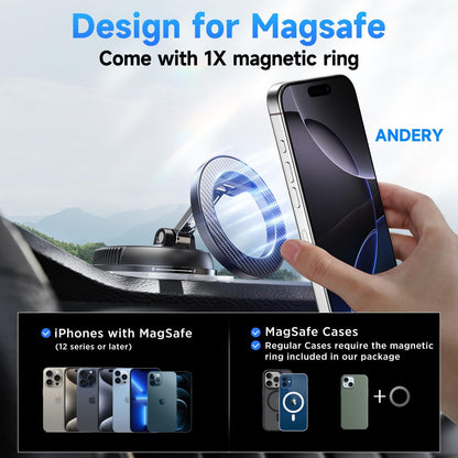 ANDERY Soporte para teléfono de coche para Magsafe [78+LBS de succión más fuerte y 2400gf magnético] Montura de teléfono de coche ajustable en 360°, soportes de teléfono para tu coche para iPhone 17