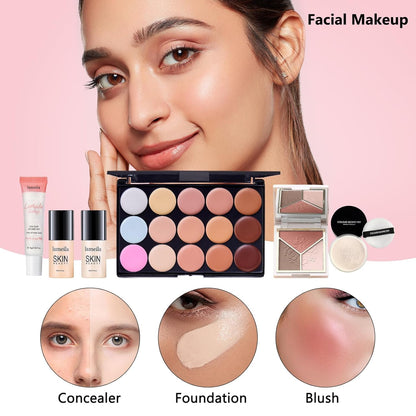 Kit de maquillaje todo en uno para mujer, kit completo de maquillaje, juego de regalo de maquillaje para mujer, paquete esencial de maquillaje incluye base, imprimación facial, paleta de sombras de