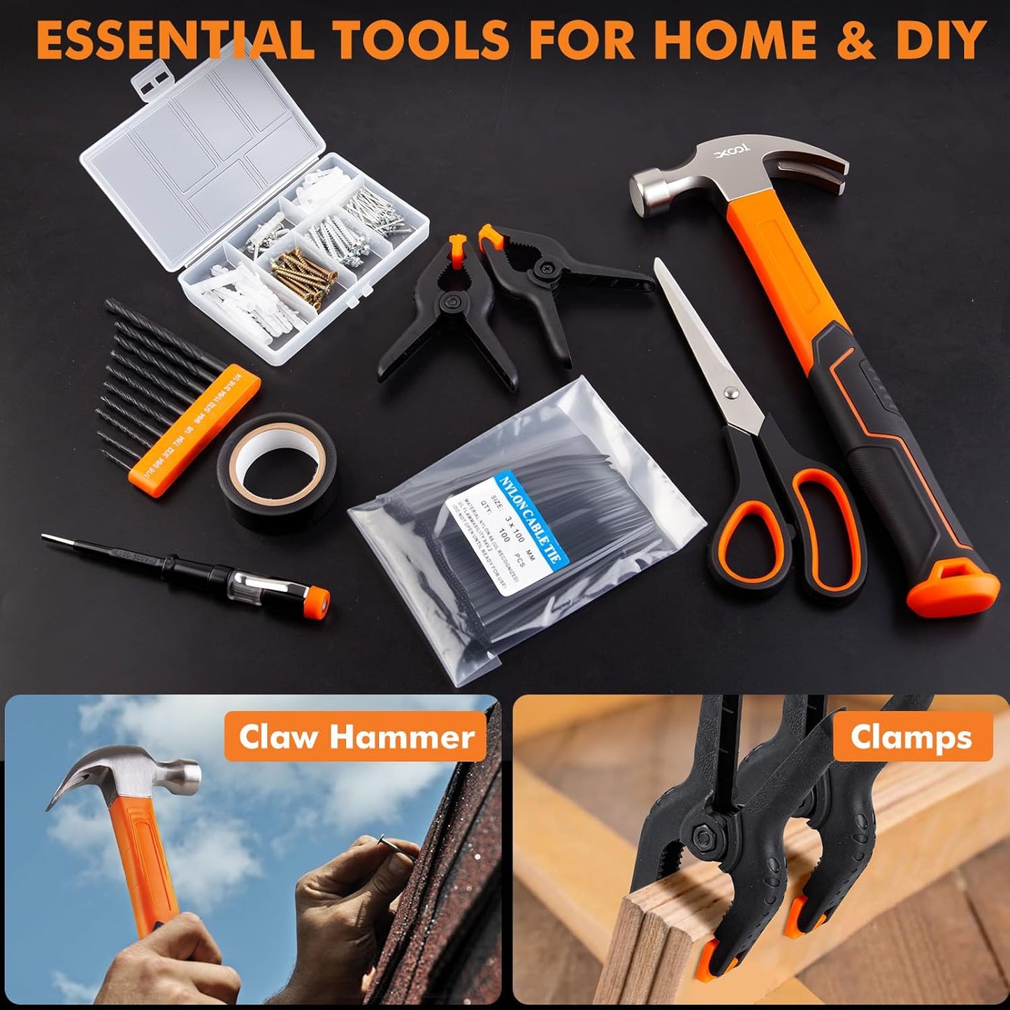 XOOL Kit de herramientas de reparación del hogar de 368 piezas con caja de herramientas de cajón, incluye martillo, alicates, destornilladores, llave, cinta métrica y más para reparación del hogar