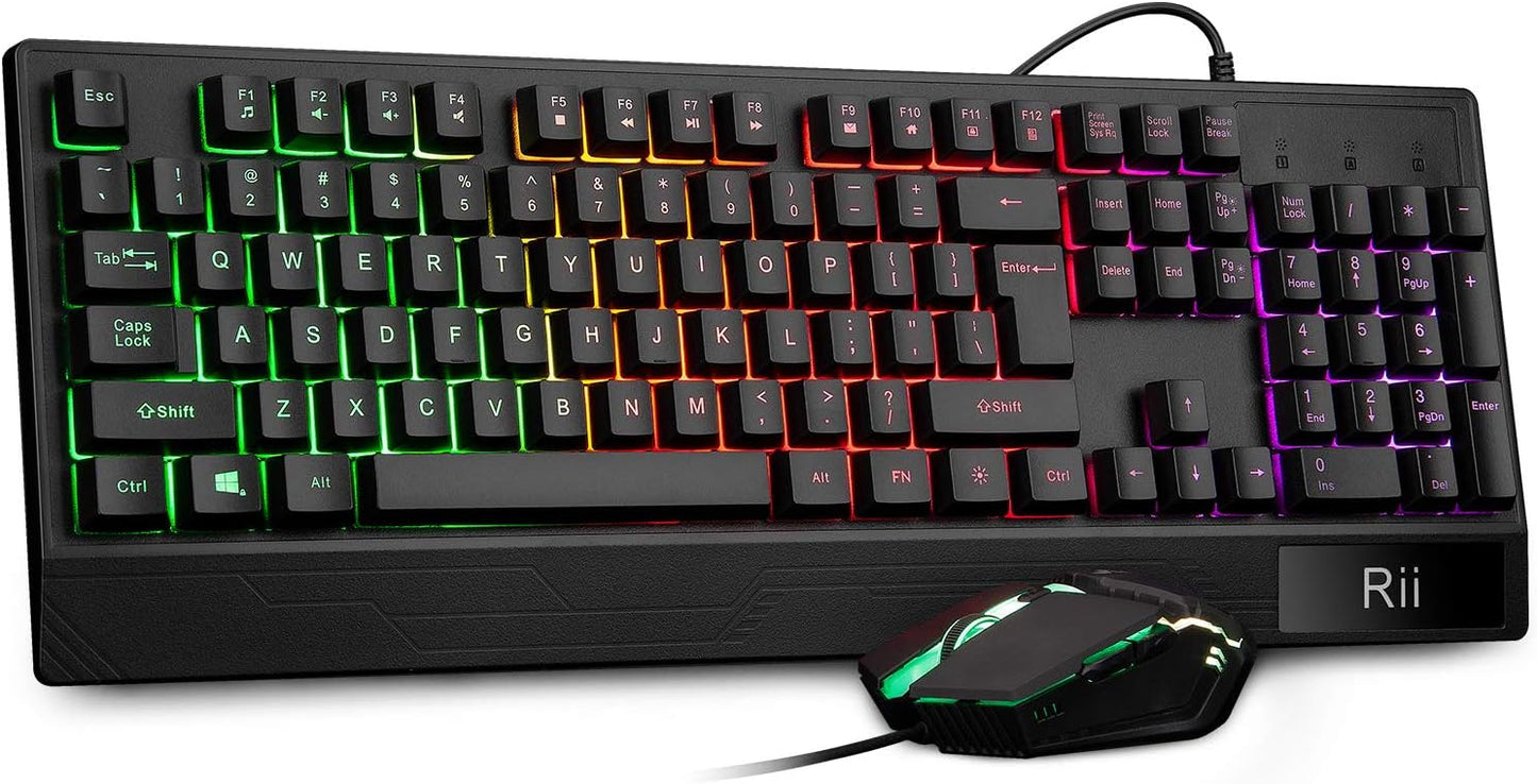 Rii, combo de teclado y mouse para juegos, teclado con cable USB, con 104 teclas, retroiluminación RGB LED con reposamuñecas para PC/Laptop (negro)