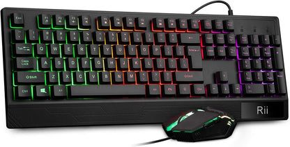 Rii, combo de teclado y mouse para juegos, teclado con cable USB, con 104 teclas, retroiluminación RGB LED con reposamuñecas para PC/Laptop (negro)