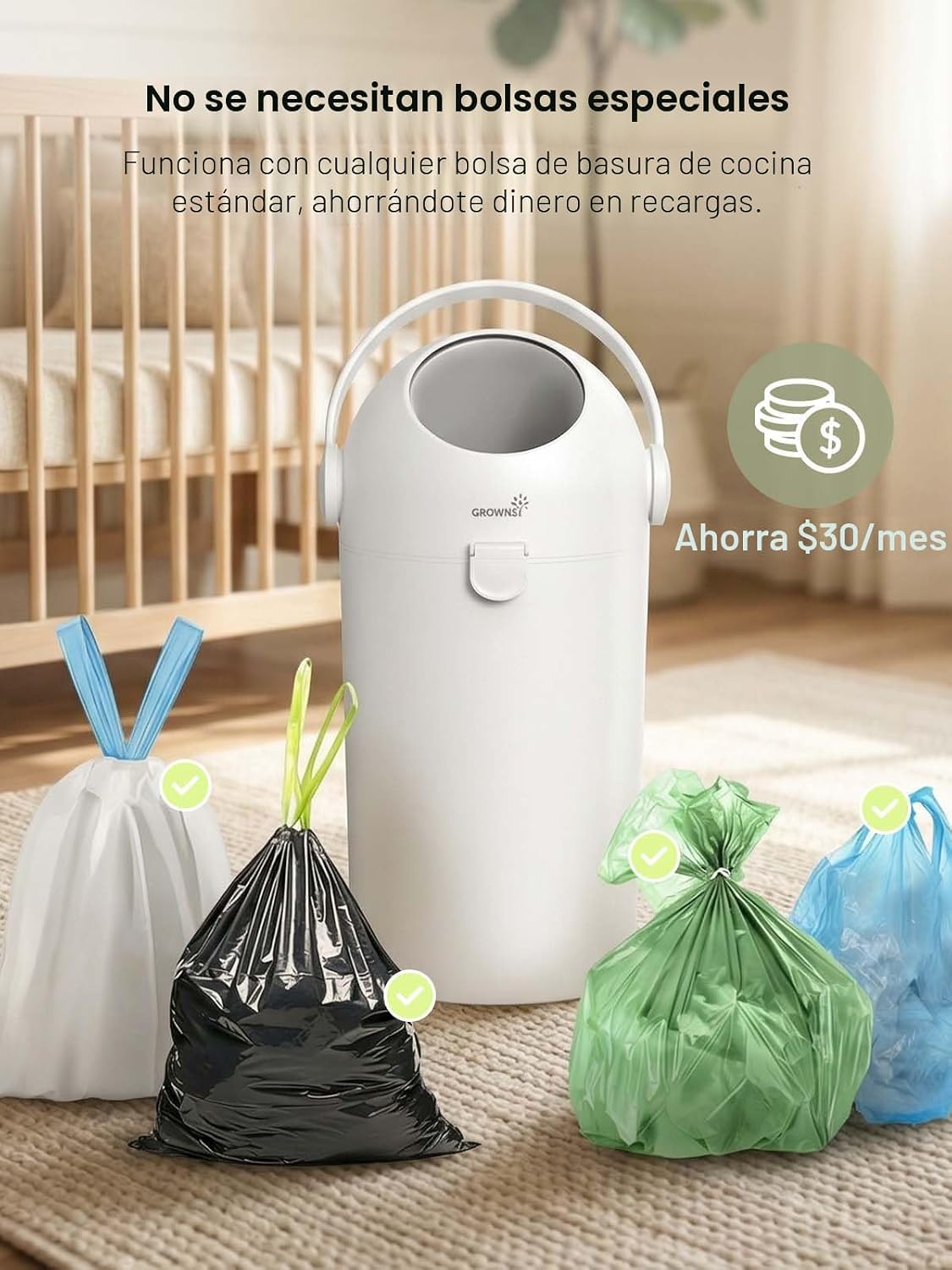 Grownsy Cubo de pañales para bebé, diseño enrollable con bloqueo de...