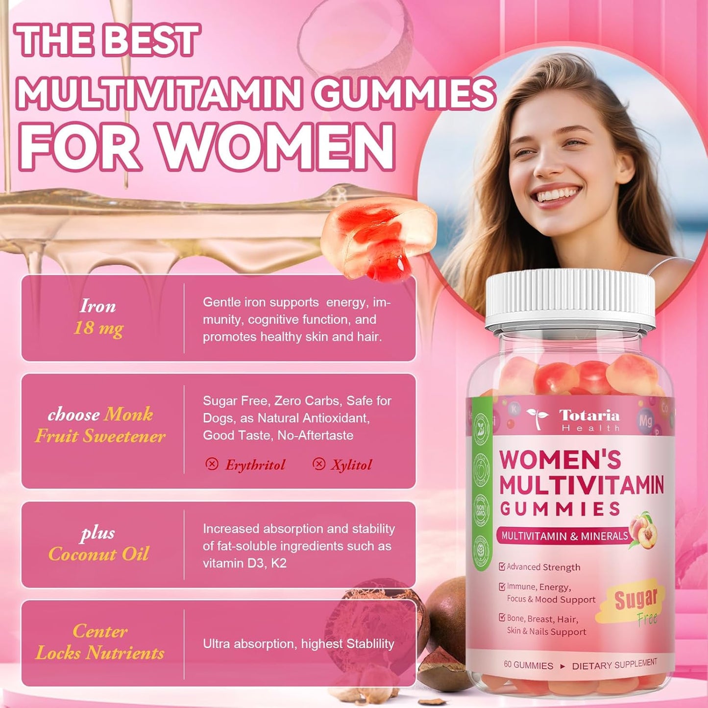 Totaria Gomitas multivitamínicas sin azúcar para mujeres mayores de...