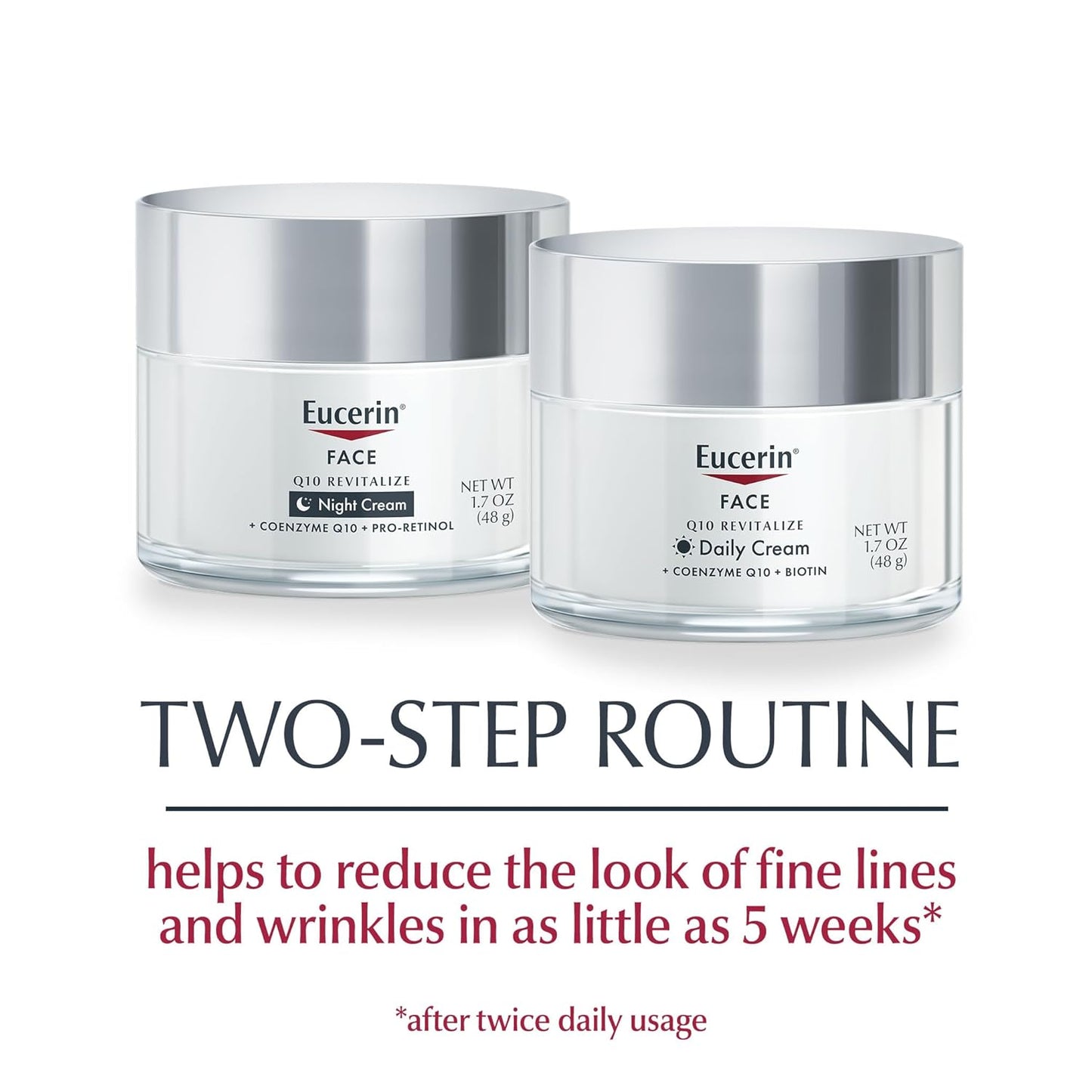 Eucerin Q10 - Set de cuidado de la piel, crema facial diaria antiarrugas con biotina (1.7 onzas) + crema de noche antiarrugas con Pro-Retinol (1.7 onzas), hidratante facial sin fragancia para todo