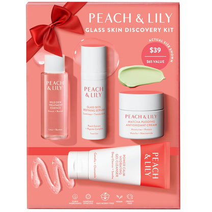 Peach & Lily - Kit de Descubrimiento de Piel de Vidrio (4 Productos) - 1 Limpiador, 1 Esencia, 1 Suero y 1 Crema - Set de Cuidado de la Piel - Rutina para Acné - Esenciales de Viaje - Autocuidado