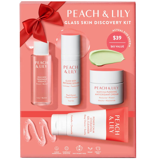 Peach & Lily - Kit de Descubrimiento de Piel de Vidrio (4 Productos) - 1 Limpiador, 1 Esencia, 1 Suero y 1 Crema - Set de Cuidado de la Piel - Rutina para Acné - Esenciales de Viaje - Autocuidado