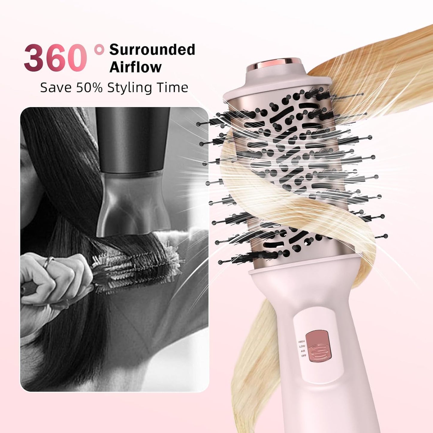 Cepillo secador de pelo de viaje de doble voltaje, mini cepillo de aire caliente con enchufe europeo, secador de un paso y voluminizador para uso doméstico y salón de belleza