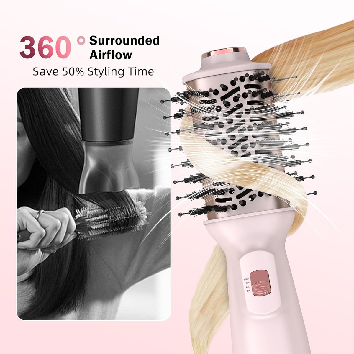Cepillo secador de pelo de viaje de doble voltaje, mini cepillo de aire caliente con enchufe europeo, secador de un paso y voluminizador para uso doméstico y salón de belleza